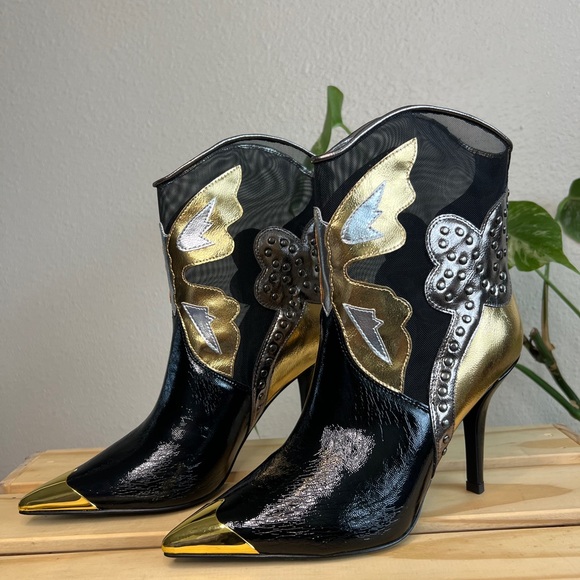 NWT | Jeffrey Campbell Nevertheless Western Ankle Boot | Black, Gold, Silver - Picture 2 of 6